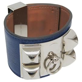 Hermes Collier de Chien Leather and Metal Bangle in Bleu Saphir and Silver - Hermès