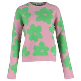 Jil Sander Flower Knit Pullover aus rosa Wolle mit Rundhalsausschnitt