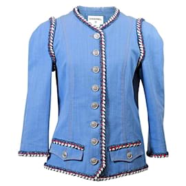 Chanel 13C Paris-Versailles Jacke aus blauer Denim mit geflochtenem Besatz, FR 38
