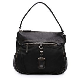 Borsa a spalla in pelle nera e tessuto Prada