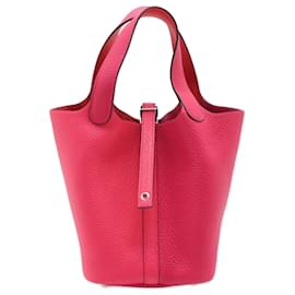 Hermès Picotin 18 in pelle Taurillon Clemence, borsa a secchiello con lucchetto, Rosa Estrema x Rosso Cooox, Rosa Messico