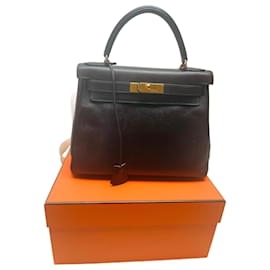 Borsa a mano Hermès Kelly 28 in pelle color cioccolato