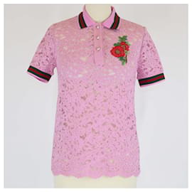 Polo de algodón negro con bordado floral de encaje Gucci