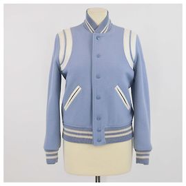 Chaqueta bomber clásica de lana azul claro con detalles de cuero Saint Laurent