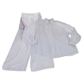 Conjunto de camisa boyfriend oversized de seda blanca/púrpura a rayas y pantalón recto con lazo frontal Alexander Wang