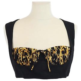 Crop top con stampa Barocco nera/gialla di Versace