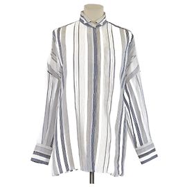 Camicia a maniche lunghe in seta a righe bianca/blu con dettagli in perle Brunello Cucinelli