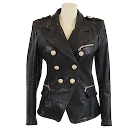 Chaqueta de cuero de cordero negra con efecto cocodrilo en relieve Balmain