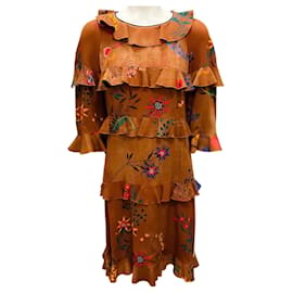 Fendi braunes mehrfarbiges floral bedrucktes Rüschensilkleid