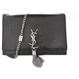Borsa Saint Laurent Pompom Pelle Effetto Coccodrillo Marrone Scuro