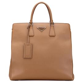 Borsa da shopping Prada in pelle Saffiano Lux marrone con doppio manico