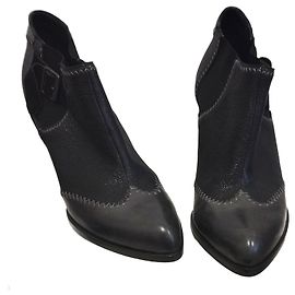 Jean Paul Gaultier Lederstiefel Für Breite Füße Schwarz Genarbtes Oliv Größe 40