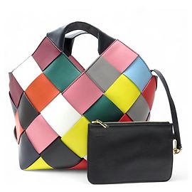 NUOVA BORSA A MANO LOEWE CESTA IN PELLE INTRECCIATA MULTICOLORATO A QUADRI