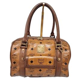 MCM Visetos Coated Canvas and Leather Front Pocket Boston Bag Cognac/Brown