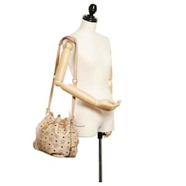 Borsa a secchiello in pelle Visetos MCM beige con coulisse