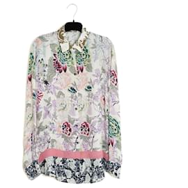 Etro Top Ecru Rosa FR40 Blusa in Crepe di Seta Floreale Rosa UK12 US10