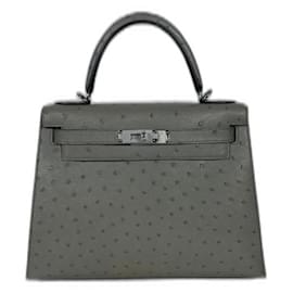 Hermès Kelly 28 Piel de avestruz Gris