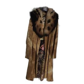 Abrigo de cuero Roberto Cavalli con cuello de piel de zorro Marrón Beige