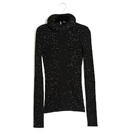 Chanel 2022 Schwarzer Glitzerpullover FR38 Rundhals-Rüschensweater UK10 US8