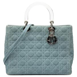 Dior Blu Grande Borsa in Denim Cannage con Manici in Acrilico Lady Dior