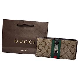 Carteira longa de couro monograma Gucci Jackie vintage bege marrom