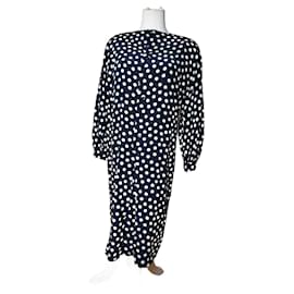 Vestido de seda vintage Dior con lunares azul marino y blanco L