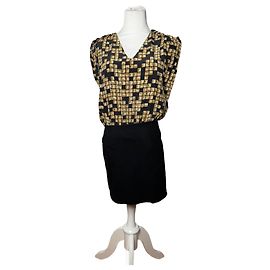 Vestido midi de seda vintage Alexander Wang preto e dourado L