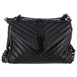 Borsa College media con manico superiore in pelle nera trapuntata Chevron di Saint Laurent