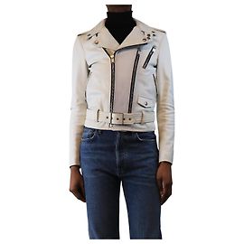 Saint Laurent Chaqueta de cuero blanca estilo biker - talla UK 8