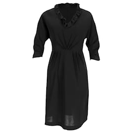 Vestido midi con escote fruncido en viscosa negra de Prada