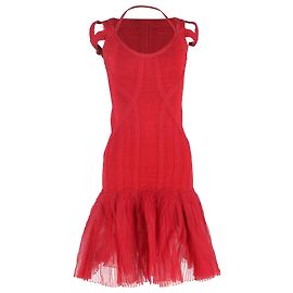 Abito midi in tulle lavorato a maglia di bandage Herve Leger in viscosa rossa