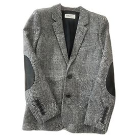 Saint Laurent Wolljacke mit Lederbesatz Schwarz Weiß