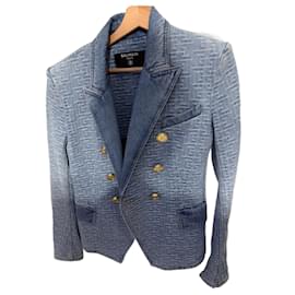 Balmain Monogrammed double breasted denim blazer with golden buttons