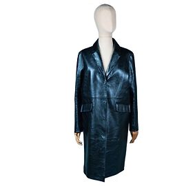 TARA JARMON – Long metallic midnight blue leather coat – Size 38