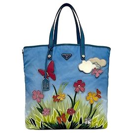 Bolso Tote Prada azul de nylon y cuero Saffiano B4605C