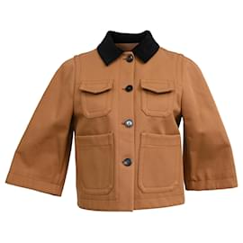 Chaqueta corta de manga corta en algodón marrón con cuello de pana Loewe