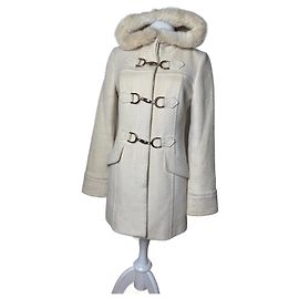 Abrigo de lana y piel vintage Burberry beige y blanco M