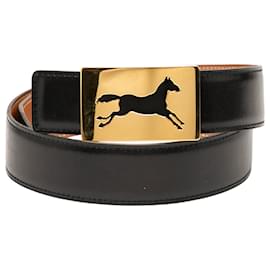 Cinturón de piel de ternera negra Hermès con hebilla de caballo.