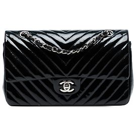 Chanel Blu Medio Classico Chevron Patente Doppio Flap
