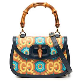 Borsa a mano media in tela GG rivestita blu Gucci 100° anniversario Kaleidoscope 1947 con manici in bambù