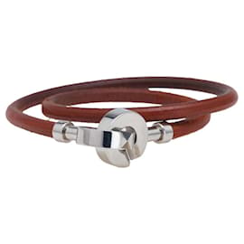 Bracelet Hermès en Cuir Marron et Métal Argenté