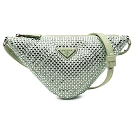 Pochette Triangolare in Seta Verde Decorata con Cristalli Prada