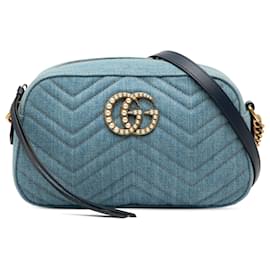 Gucci Blau Kleine GG Marmont Matelassé Denim Perlen Umhängetasche
