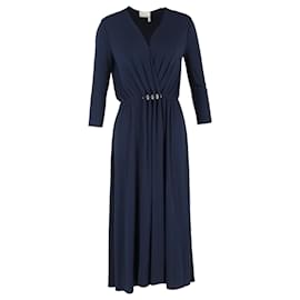 Vestido midi de manga larga plisado en poliéster azul marino con escote en V de Lanvin