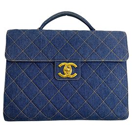 Chanel Vintage 1996 XL Borsa a mano Jumbo in denim blu trapuntato