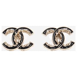 Pendientes de botón con detalle de cadena CC en oro y negro - Chanel