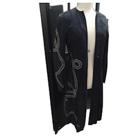 Autre Marque Abrigo largo de ante azul marino Escada Sport talla 36 con bordados blancos 100% pelo de cabra