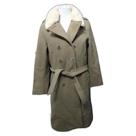 Cappotto Lungo Schott taglia 42 Crema Beige in Lana Cinturato Collo in Pelliccia Sintetica - Nuovo
