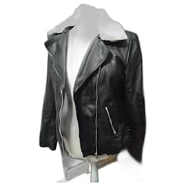 Aviator-Jacke Le Temps des Cerises aus schwarzem Leder mit ecrufarbenem Pelzkragen Größe 42/XL - Autre Marque