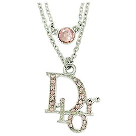 Collana a catena con logo argento Christian Dior e cristalli rosa in strass
